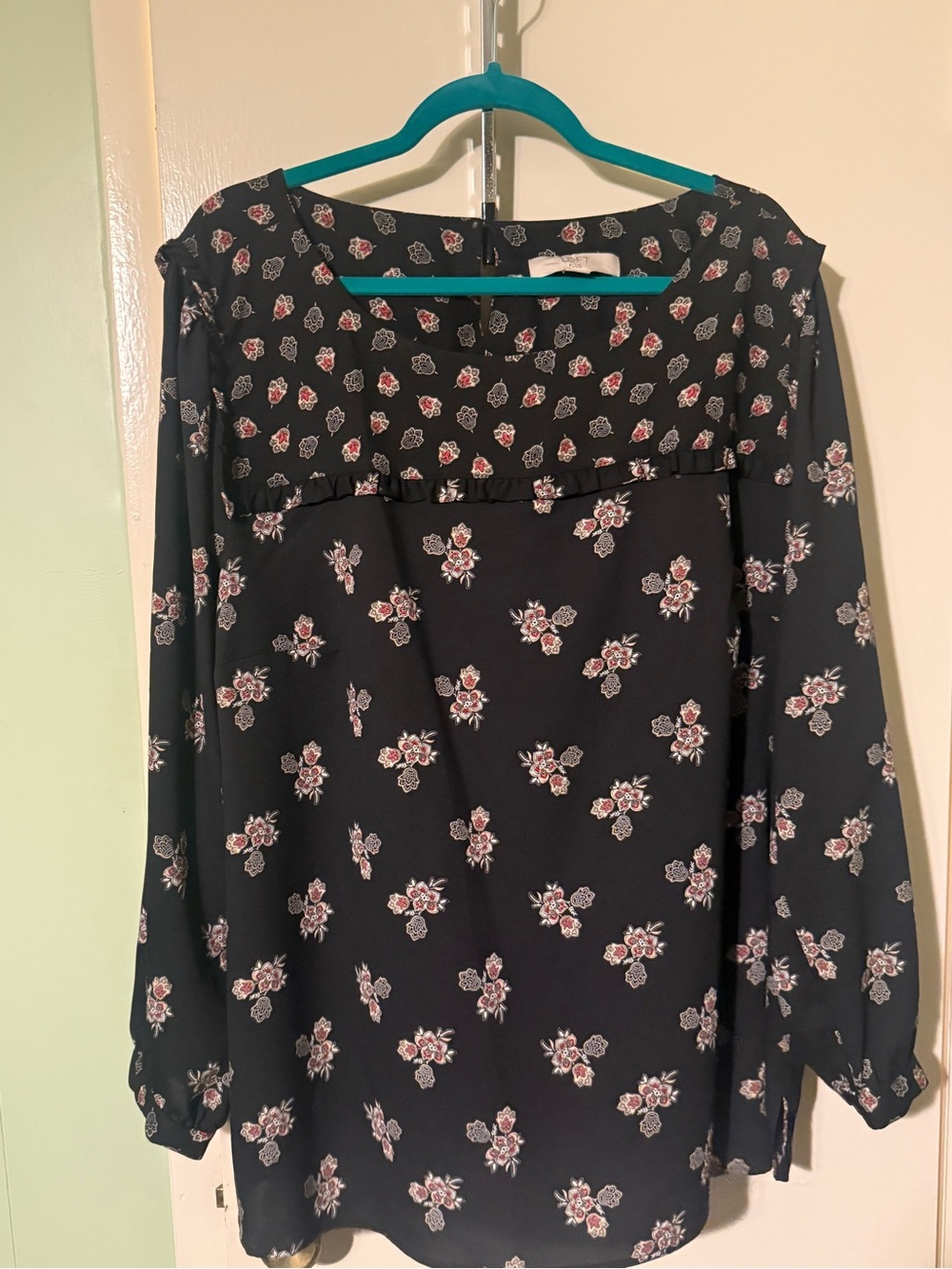 LOFT Black Floral Long-Sleeve Peasant Blouse
